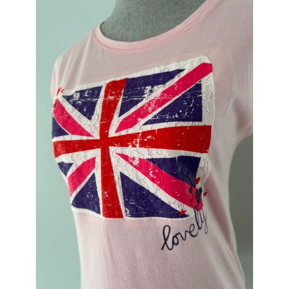 Y2k Cherokee Pink Union Jack Lovely Distressed Graphic Tee Shirt size Junior XL - Picture 4 of 7